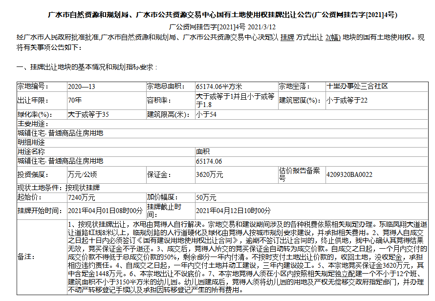 国有土地使用权挂牌出让公告(广公资网挂告字[2021]4号)