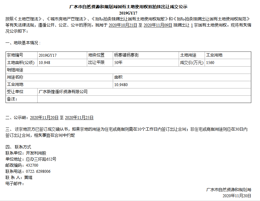 广水市自然资源和规划局国有土地使用权招拍挂出让成交公示