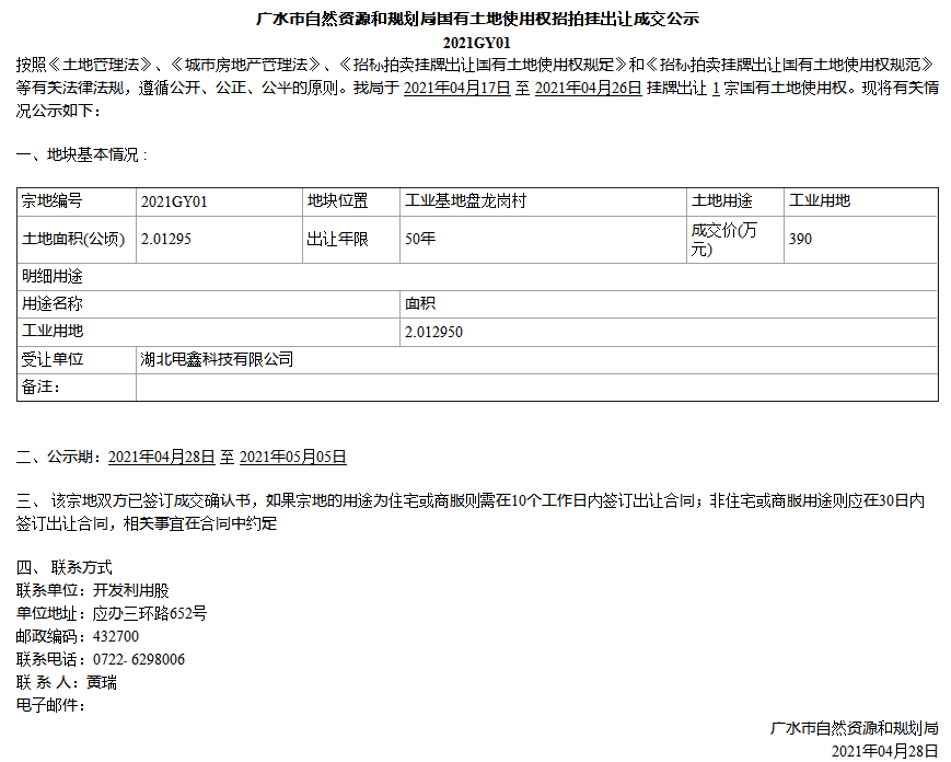 广水市自然资源和规划局国有土地使用权招拍挂出让成交公示